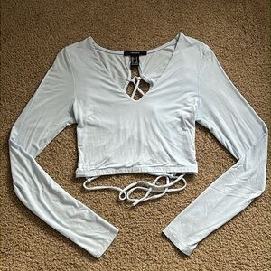 Forever 21 Light Blue V-Neck Long Sleeve Criss-Cross Back Cropped Shirt